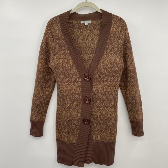 Alberto Makali Cardigan Sweater Button Front V Neck Patterned Brown Metallic L - Picture 1 of 6
